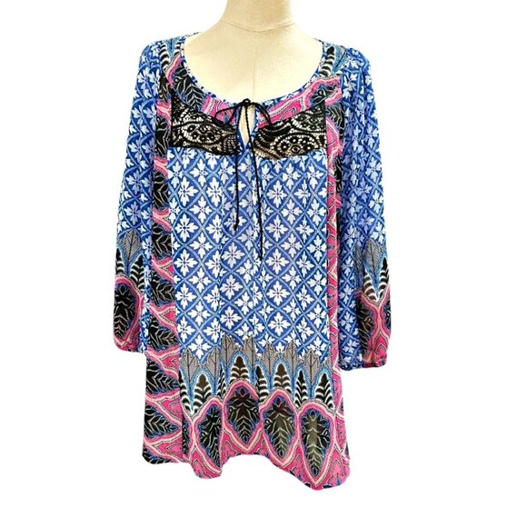 Valerie Stevens Peasant Top Tunic Size 2X Blue Pink Bohemian Whimsical Career - Picture 1 of 9